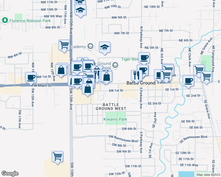 map of restaurants, bars, coffee shops, grocery stores, and more near 108 Southwest 4th Place in Battle Ground