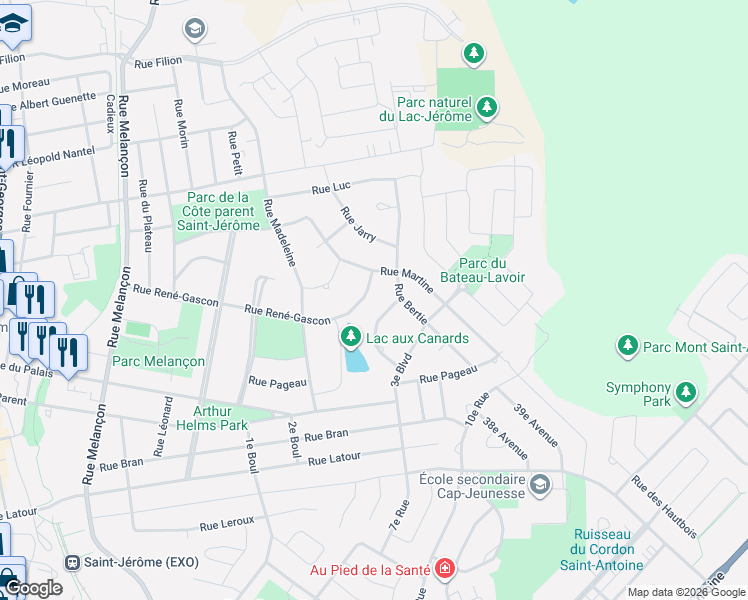 map of restaurants, bars, coffee shops, grocery stores, and more near 714 Rue René-Gascon in Saint-Jérôme