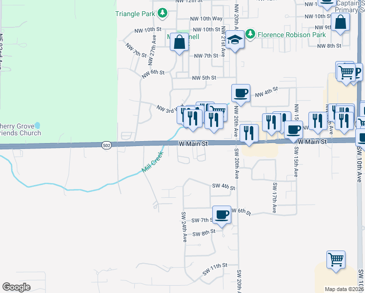 map of restaurants, bars, coffee shops, grocery stores, and more near 2515 West Main Street in Battle Ground