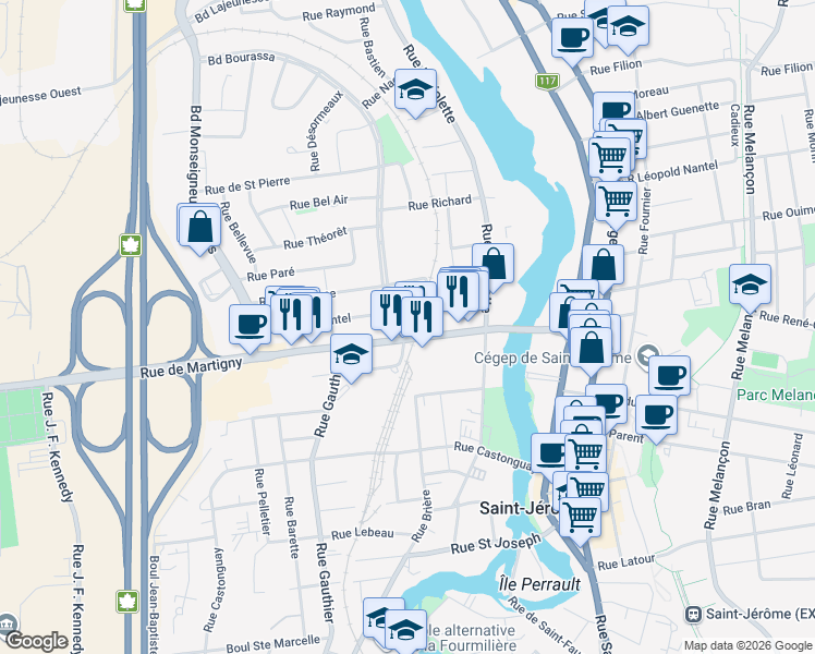 map of restaurants, bars, coffee shops, grocery stores, and more near 78 Rue de Martigny Ouest in Saint-Jérôme