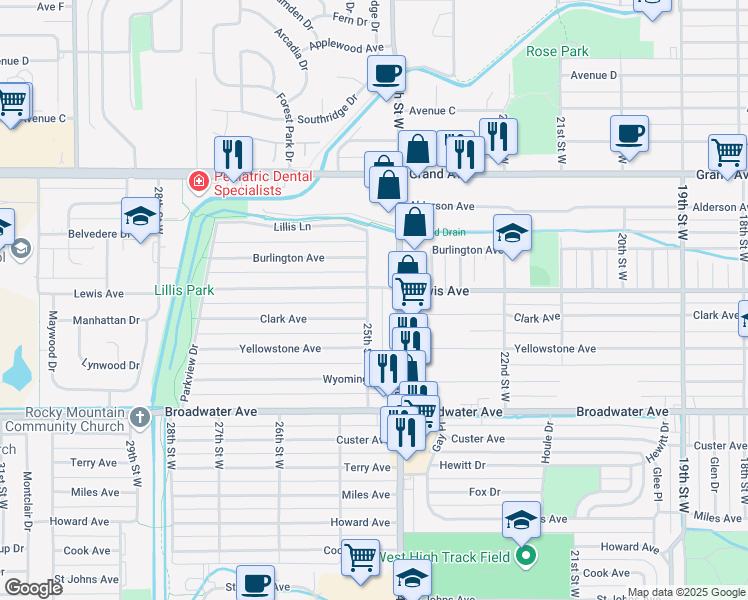 map of restaurants, bars, coffee shops, grocery stores, and more near 1001 25th Street West in Billings