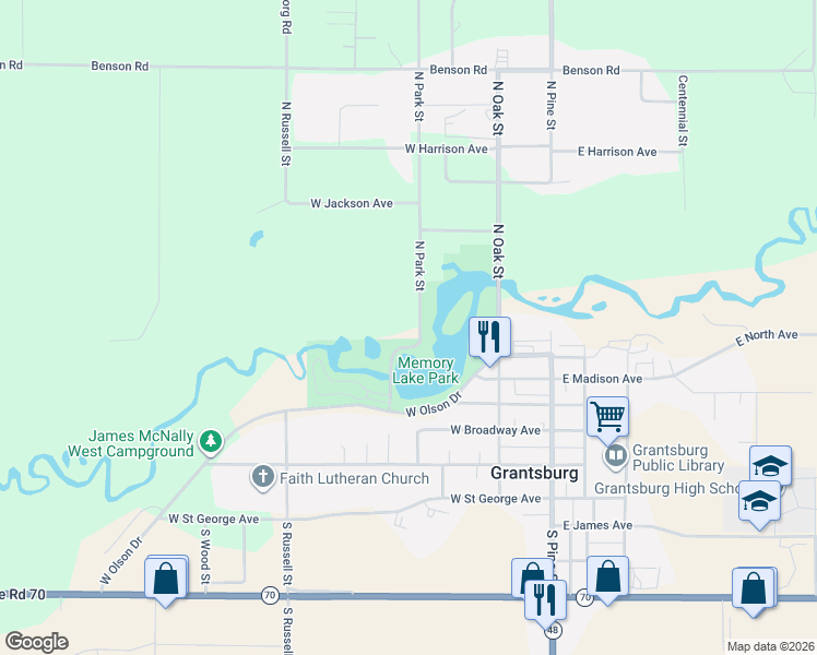 map of restaurants, bars, coffee shops, grocery stores, and more near 233 North Park Street in Grantsburg