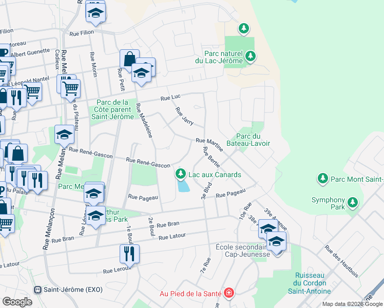 map of restaurants, bars, coffee shops, grocery stores, and more near 714 Rue René-Gascon in Saint-Jérôme