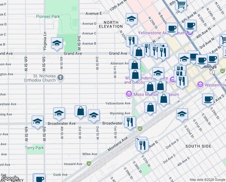 map of restaurants, bars, coffee shops, grocery stores, and more near 105 Clark Avenue in Billings