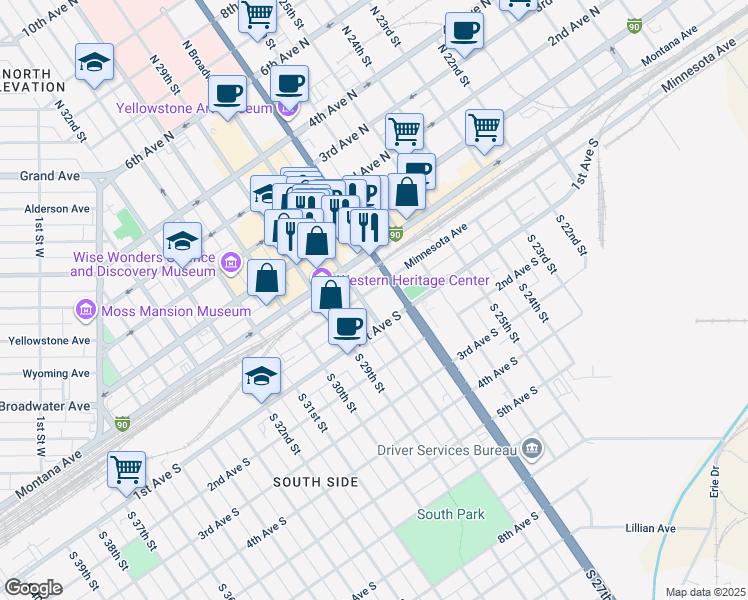 map of restaurants, bars, coffee shops, grocery stores, and more near 2720 Minnesota Avenue in Billings