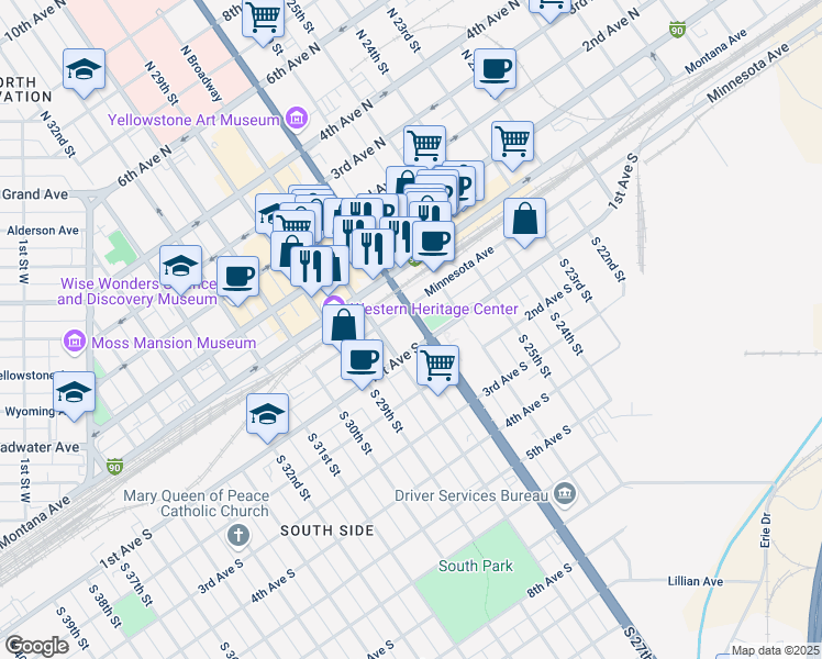 map of restaurants, bars, coffee shops, grocery stores, and more near in Billings