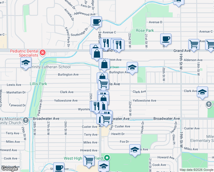 map of restaurants, bars, coffee shops, grocery stores, and more near 1055 24th Street West in Billings