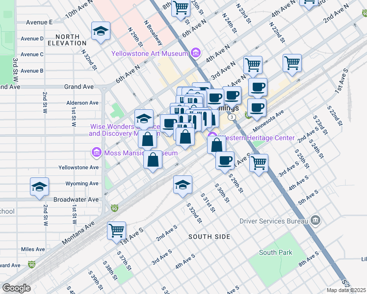 map of restaurants, bars, coffee shops, grocery stores, and more near 6 North 30th Street in Billings