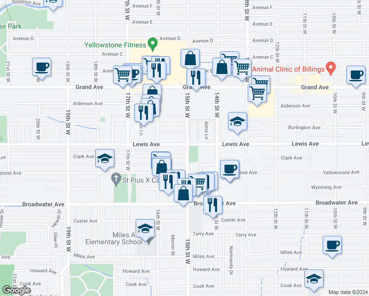 map of restaurants, bars, coffee shops, grocery stores, and more near 1504 Lewis Avenue in Billings