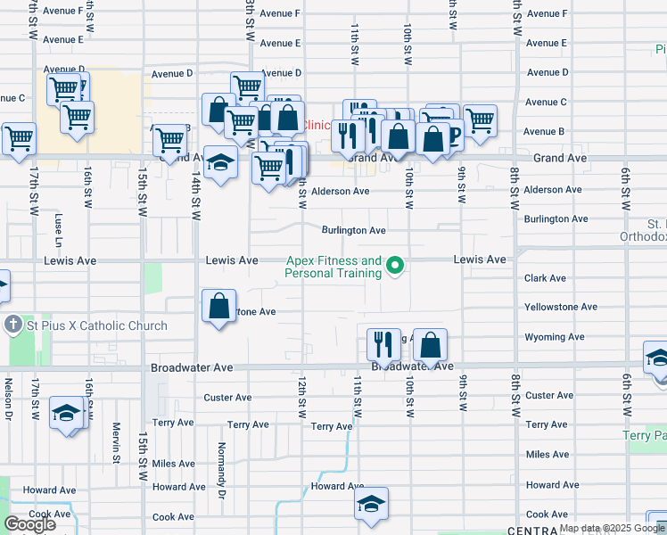 map of restaurants, bars, coffee shops, grocery stores, and more near 1121 Clark Ave in Billings