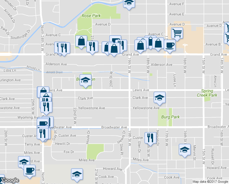 map of restaurants, bars, coffee shops, grocery stores, and more near 1940 Lewis Avenue in Billings