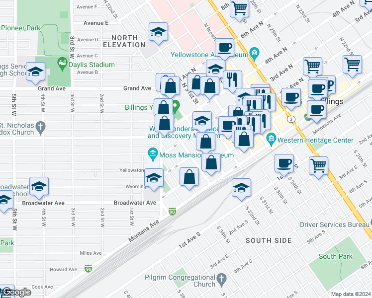 map of restaurants, bars, coffee shops, grocery stores, and more near 218 North 33rd Street in Billings