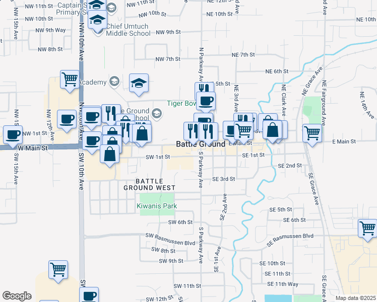 map of restaurants, bars, coffee shops, grocery stores, and more near 104 South Parkway Avenue in Battle Ground