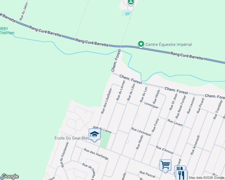 map of restaurants, bars, coffee shops, grocery stores, and more near 3601 Rue des Libellules in Terrebonne