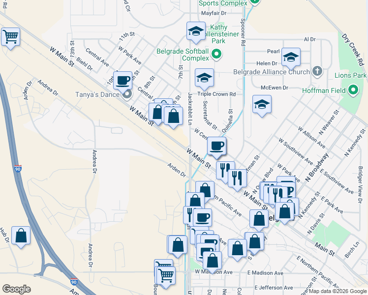 map of restaurants, bars, coffee shops, grocery stores, and more near 19554 West Main Street in Belgrade