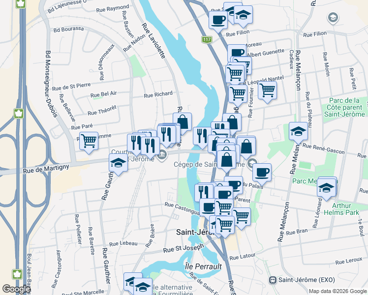 map of restaurants, bars, coffee shops, grocery stores, and more near 4 Rue de Martigny Ouest in Saint-Jérôme