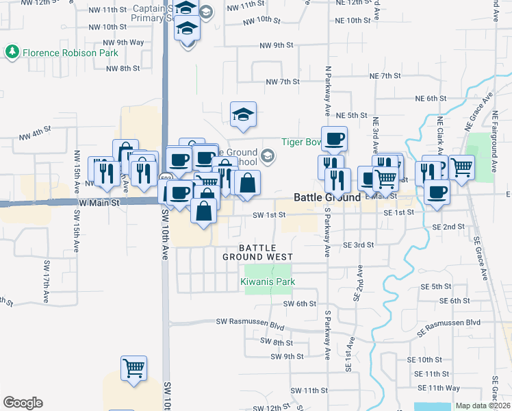 map of restaurants, bars, coffee shops, grocery stores, and more near 403 West Main Street in Battle Ground