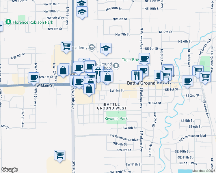 map of restaurants, bars, coffee shops, grocery stores, and more near 108 Southwest 4th Place in Battle Ground