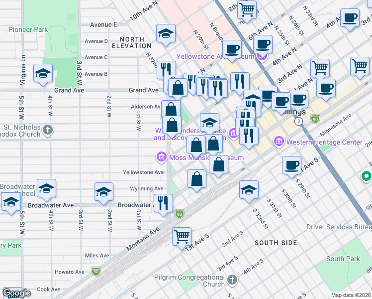 map of restaurants, bars, coffee shops, grocery stores, and more near 220 North 34th Street in Billings