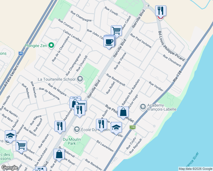 map of restaurants, bars, coffee shops, grocery stores, and more near 1226 Rue Rémigny in Repentigny