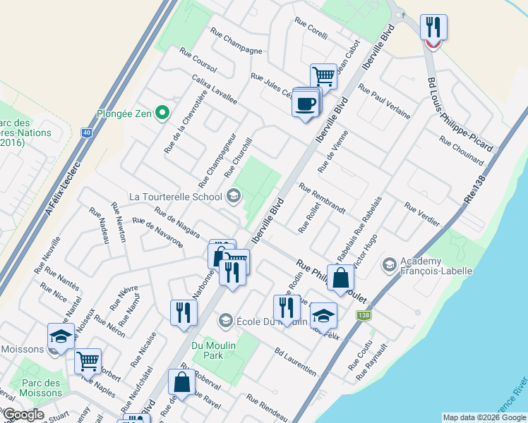 map of restaurants, bars, coffee shops, grocery stores, and more near 1203 Iberville Boulevard in Repentigny