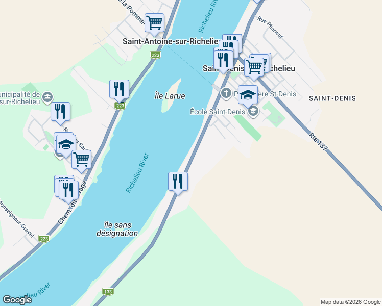map of restaurants, bars, coffee shops, grocery stores, and more near 681 Chemin des Patriotes in Saint-Denis-sur-Richelieu