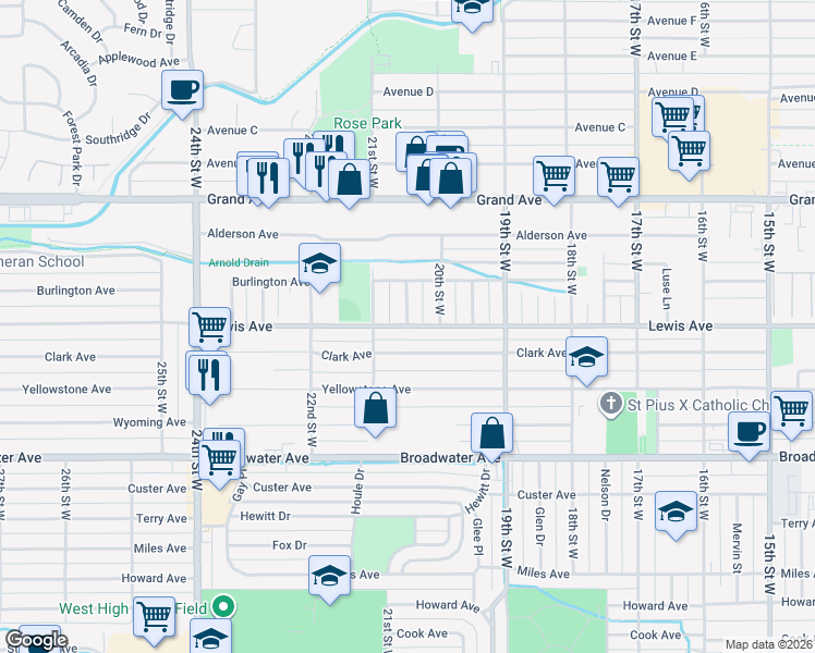 map of restaurants, bars, coffee shops, grocery stores, and more near 2022 Lewis Avenue in Billings