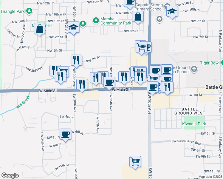 map of restaurants, bars, coffee shops, grocery stores, and more near West Main Street in Battle Ground