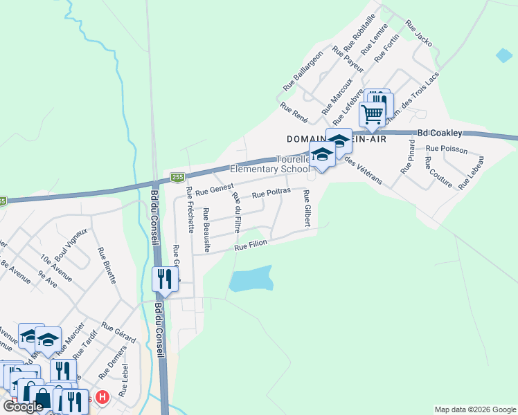 map of restaurants, bars, coffee shops, grocery stores, and more near 115 Rue Ratté in Val-des-Sources