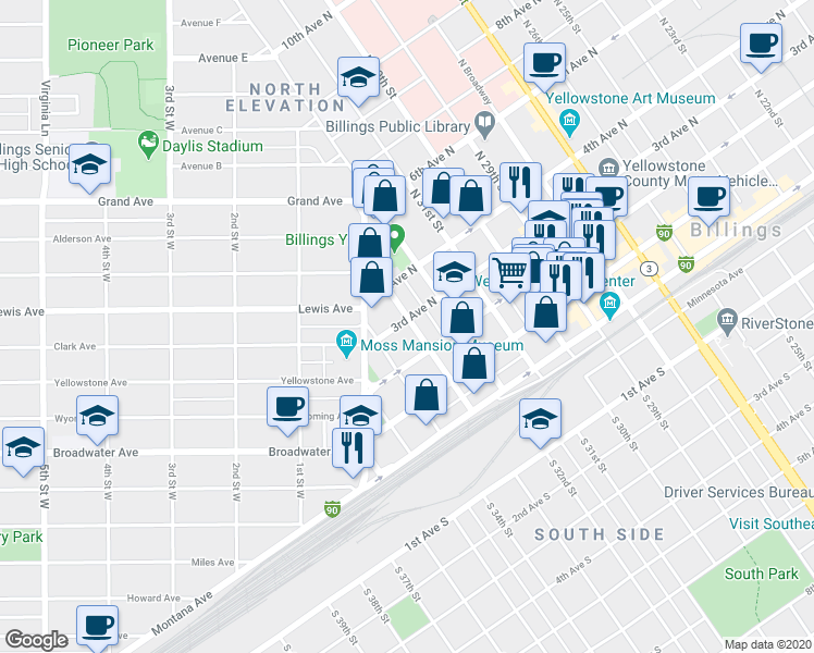 map of restaurants, bars, coffee shops, grocery stores, and more near 3302 3rd Avenue North in Billings