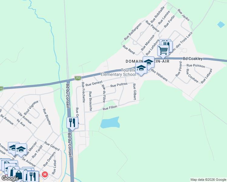 map of restaurants, bars, coffee shops, grocery stores, and more near 115 Rue Ratté in Val-des-Sources