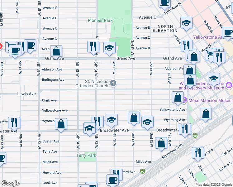map of restaurants, bars, coffee shops, grocery stores, and more near 342 Clark Avenue in Billings
