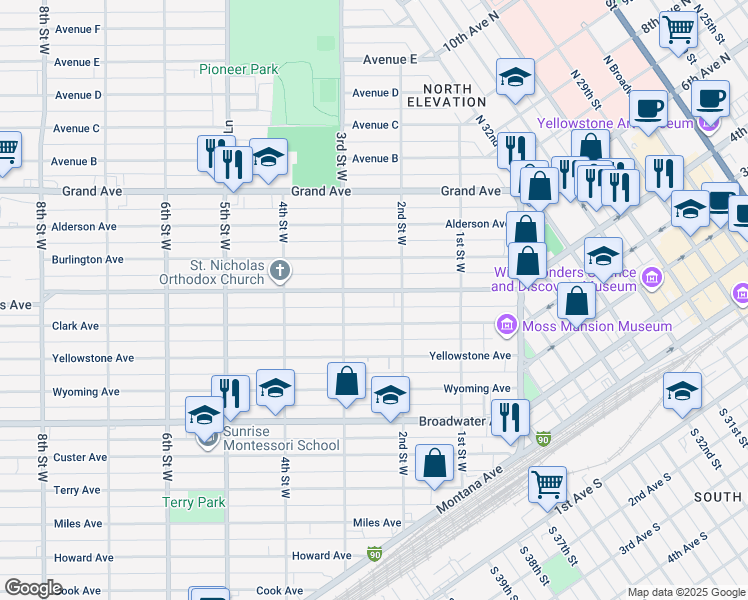 map of restaurants, bars, coffee shops, grocery stores, and more near 231 Lewis Avenue in Billings