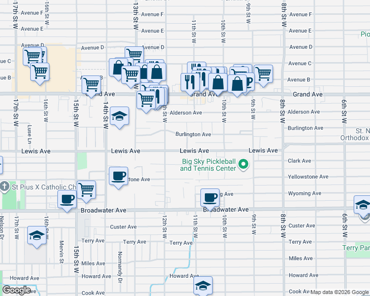 map of restaurants, bars, coffee shops, grocery stores, and more near 1118 Cottage Lane in Billings