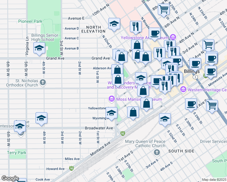 map of restaurants, bars, coffee shops, grocery stores, and more near in Billings