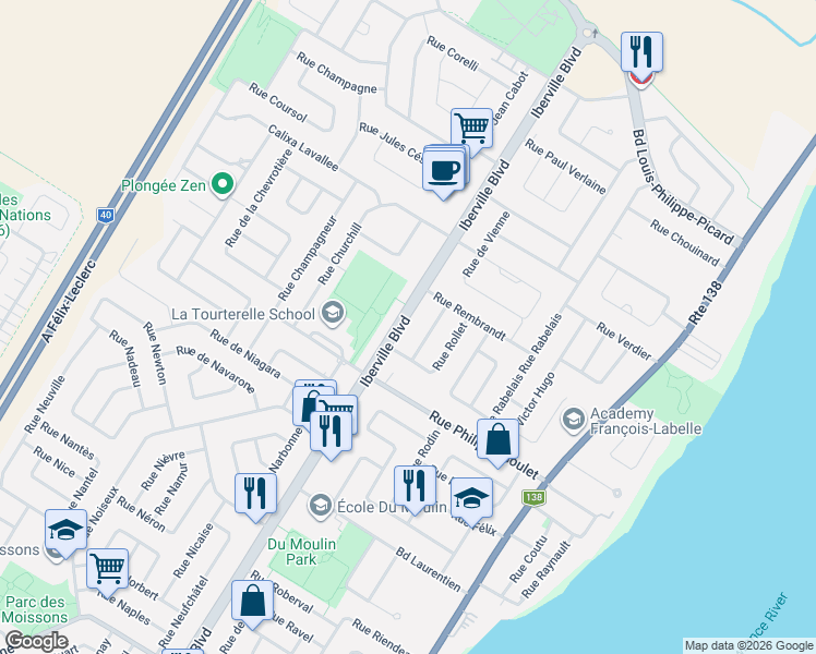 map of restaurants, bars, coffee shops, grocery stores, and more near 1216 Boulevard Iberville in Repentigny