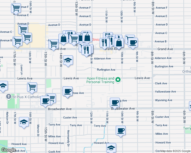 map of restaurants, bars, coffee shops, grocery stores, and more near 1141 Lewis Avenue in Billings