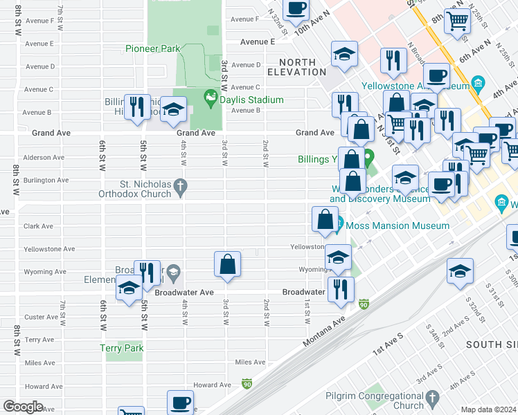 map of restaurants, bars, coffee shops, grocery stores, and more near 212 Lewis Avenue in Billings