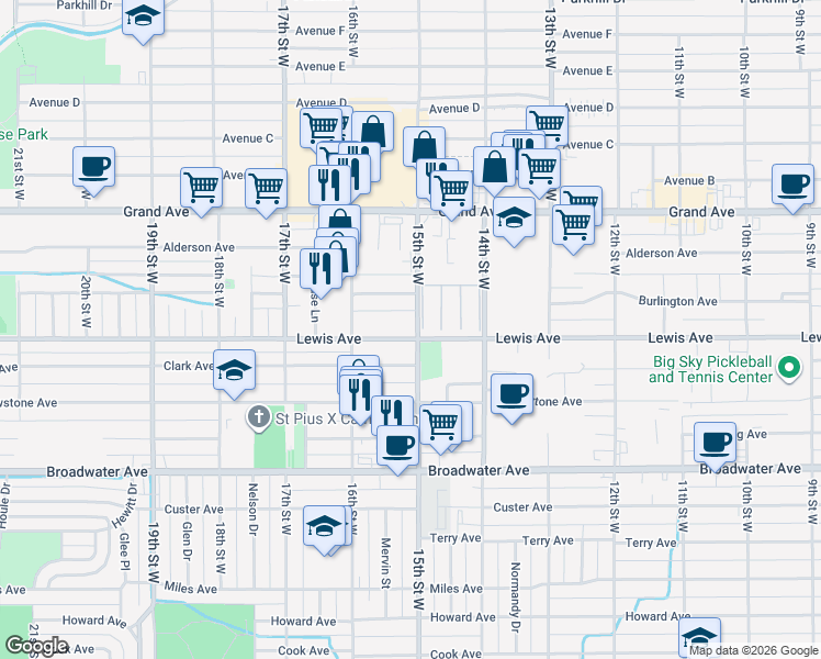 map of restaurants, bars, coffee shops, grocery stores, and more near 1503 Lewis Avenue in Billings
