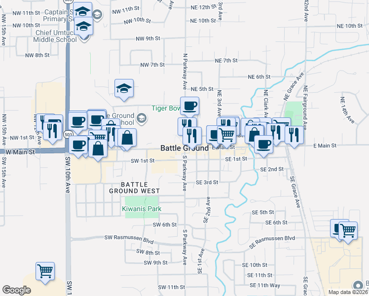 map of restaurants, bars, coffee shops, grocery stores, and more near 1 East Main Street in Battle Ground