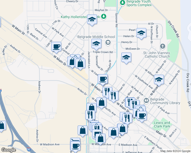 map of restaurants, bars, coffee shops, grocery stores, and more near 98 Jackrabbit Lane in Belgrade
