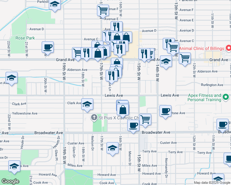 map of restaurants, bars, coffee shops, grocery stores, and more near 1138 16th Street West in Billings