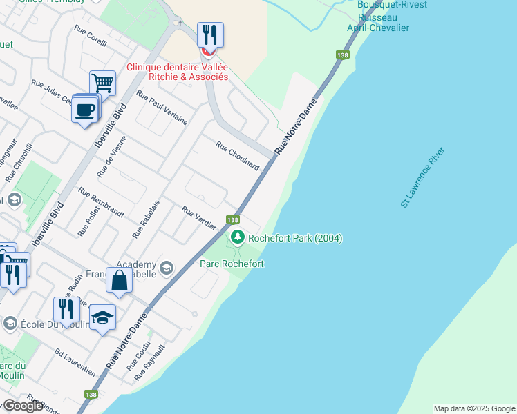 map of restaurants, bars, coffee shops, grocery stores, and more near 1340 A Rue Notre-Dame in Repentigny