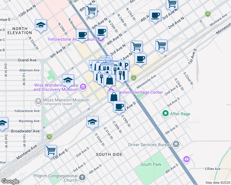 map of restaurants, bars, coffee shops, grocery stores, and more near 104 North Broadway in Billings