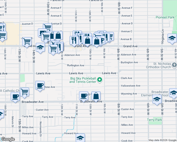 map of restaurants, bars, coffee shops, grocery stores, and more near 1006 Burlington Avenue in Billings