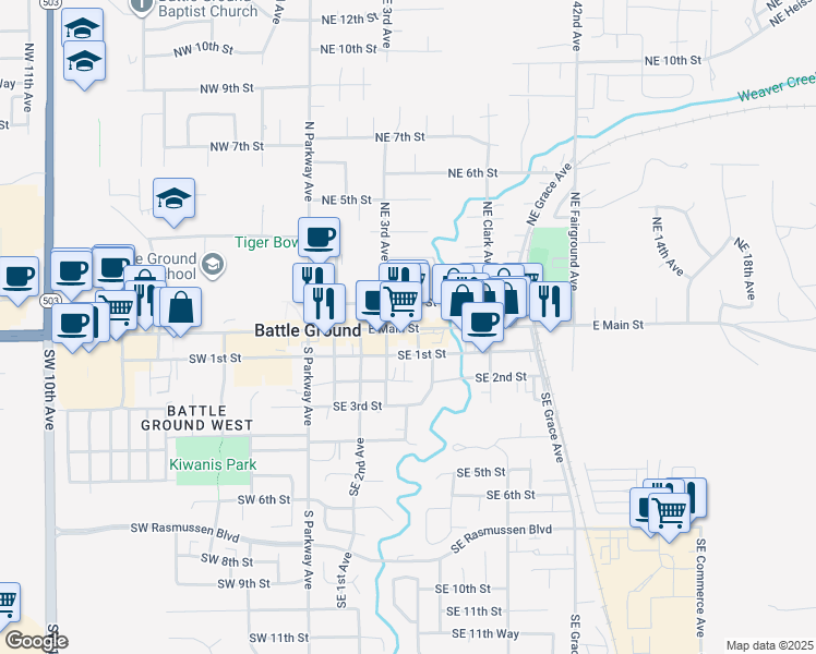 map of restaurants, bars, coffee shops, grocery stores, and more near 309 East Main Street in Battle Ground