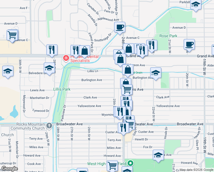 map of restaurants, bars, coffee shops, grocery stores, and more near 2524 Burlington Avenue in Billings