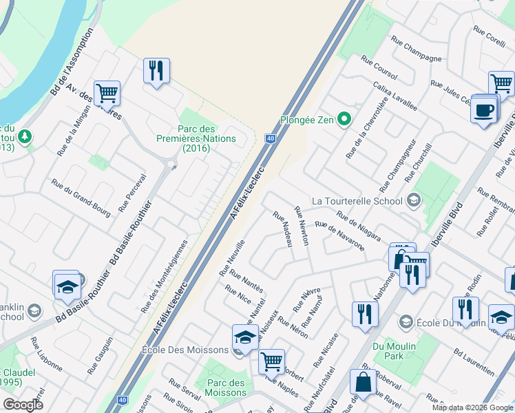 map of restaurants, bars, coffee shops, grocery stores, and more near 1101 Rue de Nailloux in Repentigny