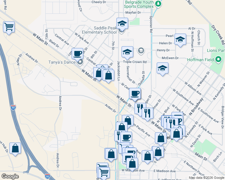 map of restaurants, bars, coffee shops, grocery stores, and more near 19601 Frontage Road in Belgrade
