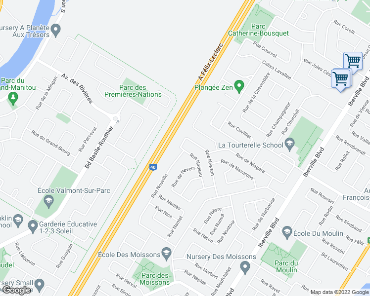map of restaurants, bars, coffee shops, grocery stores, and more near 281 Nadeau Street in Repentigny